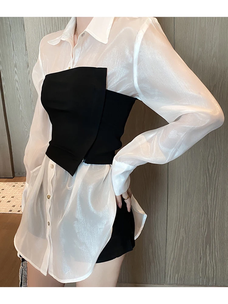 ECRURANI Lightweight Shirts For Women Lapel Collar Long Sleeves Slim Patchwork Corset High Waist Blouses Female 2021 Autumn New