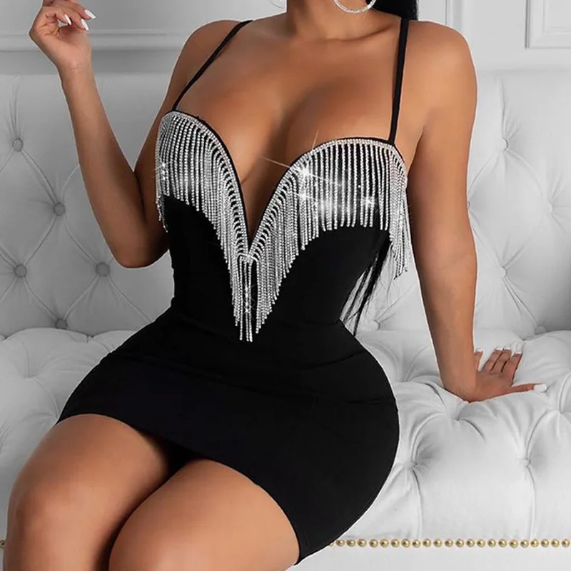 2020 High Quality Crystal Tassel Sleeveless Celebrity Rayon Bandage Dress Party Bodycon Dress