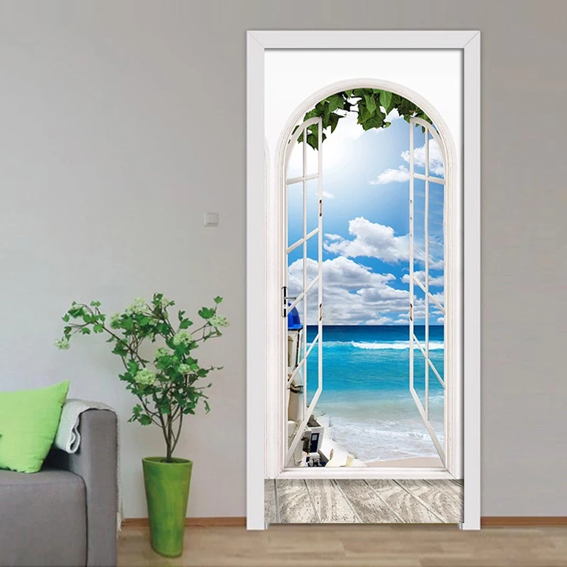 Sea View From The Window Wallpaper Wall Stickers PVC Self-adhesive Removable 3D Door Stickers Mural Bedroom Door Decor Poster