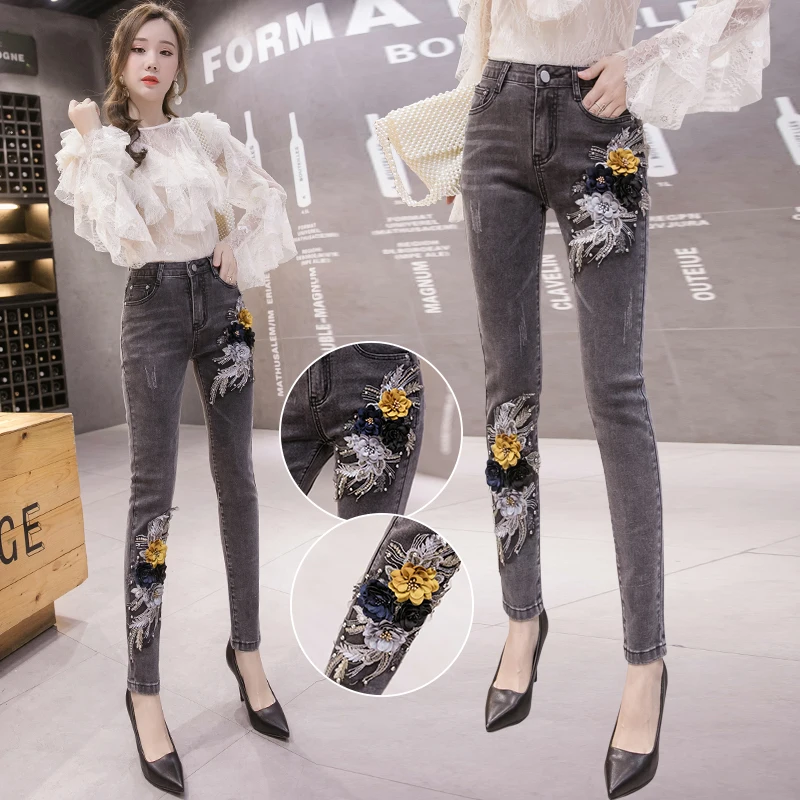 Stretchy Fashion Women Jeans Pearls 3D Flower Embroidery Skinny Ripped Jeans Woman Skinny Pants High Waist Mom Jeans Mujer