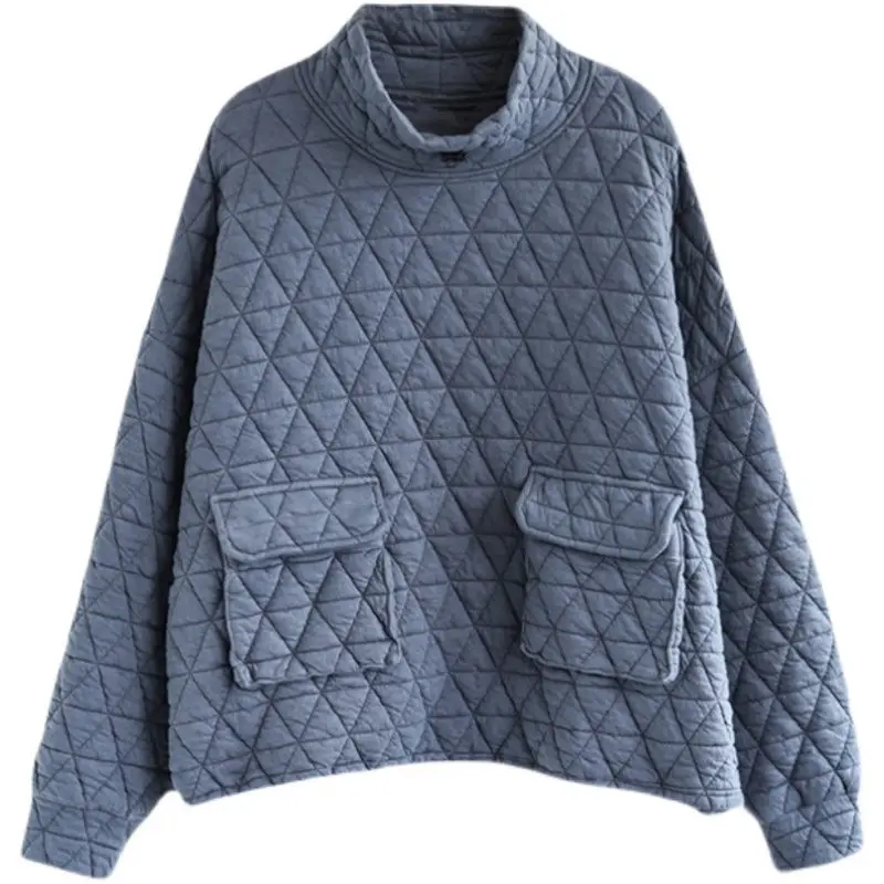 Autumn Winter Clothes Female Leisure Thermal Cotton High-Neck Sweatshirt Women Loose Hedging Rhombic Quilted Jacket Tops M2059