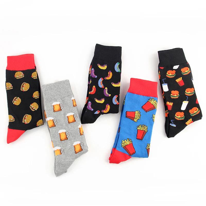 Colorful Hot Dog Hamburg Beer Pattern Novelty Crew Socks Men\'s Funny Food Kawaii Sokken Creative Casual Cotton Socks For Male