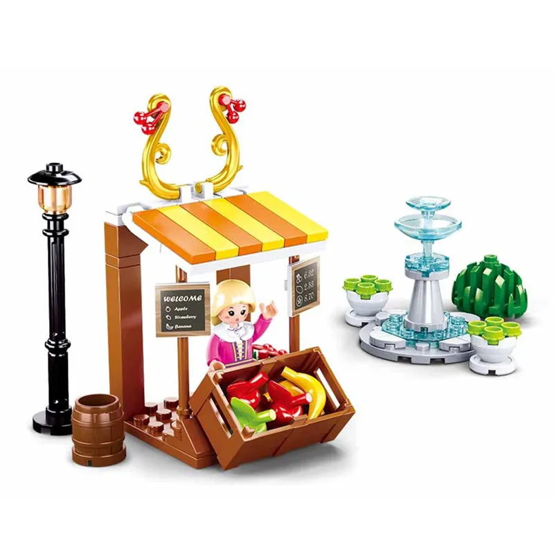 Sluban Village Girl Princess Friends Fruit Store Draw Park Building Blocks Kit Bricks Classic Model Kids Toys For Children Gift