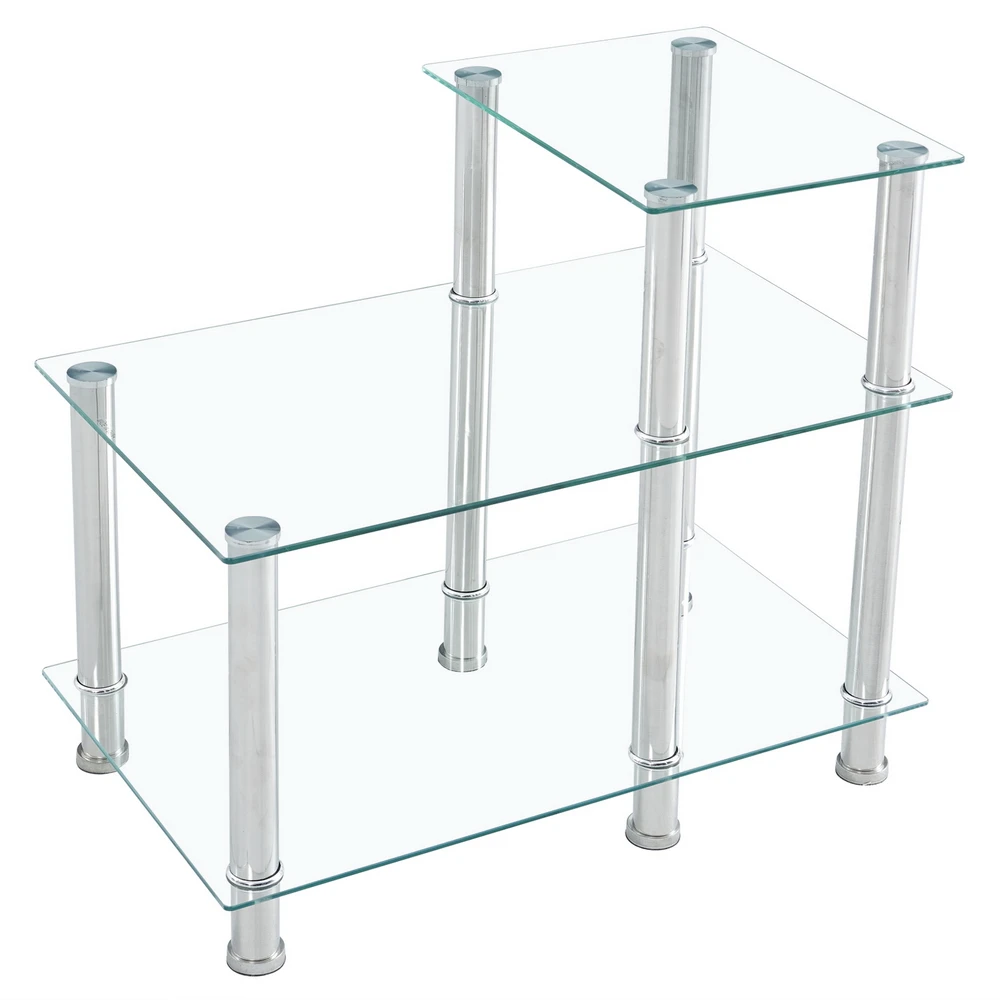 3-Layer Stepped Coffee Table Tempered Glass Stainless Steel Tube Rectangle Side Table 66x40x61CM Easy to Clean[US-Stock]