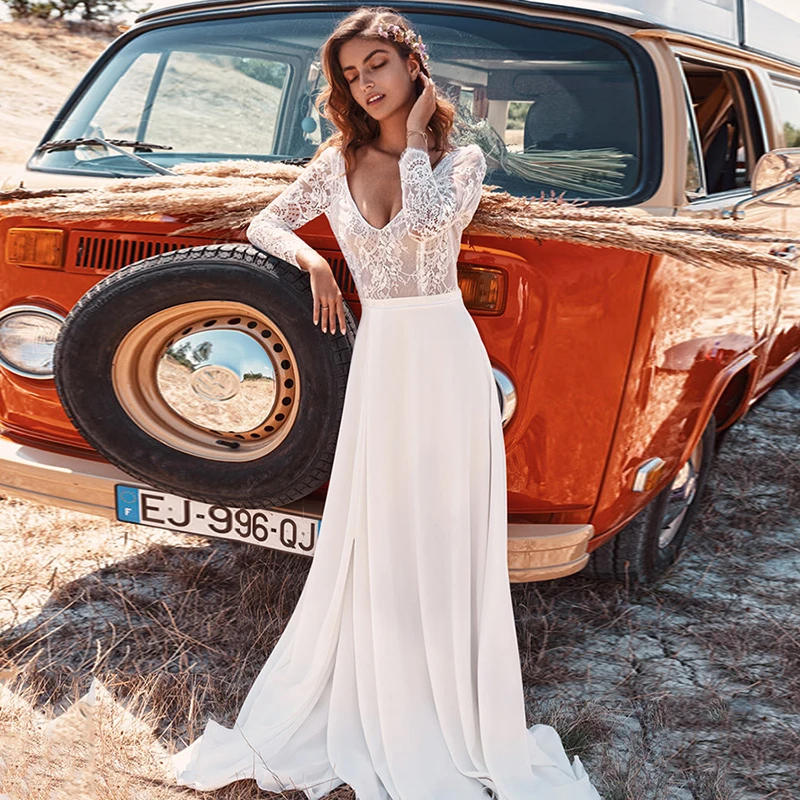 Maßgeschneiderte rückenfreie Boho-Brautkleider aus Chiffon mit langen Ärmeln und Spitze, bodenlang, Robe De Mariee, elegante, schlichte Elfenbein-Brautkleider