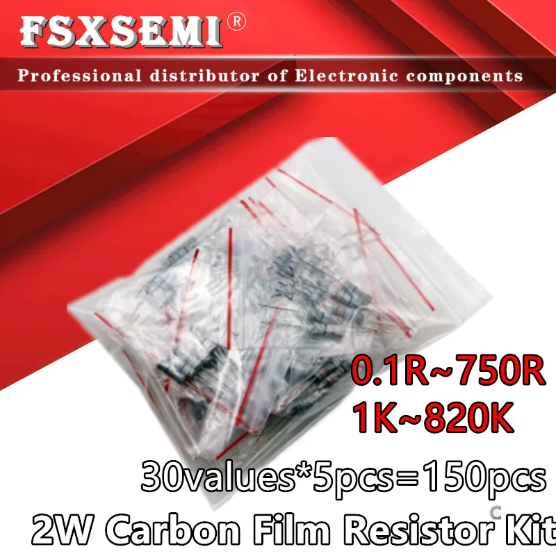 30 Nilai * 5Pcs = 150Pcs Carbon Film Resistor Kit 2W 5% 0.1R -750R Ohm 1K-820K