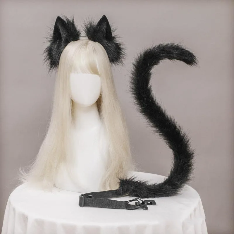 Plush Cat Ears Realistic Lolita Headband Cat Tail Cosplay Accessories Hand-made Simulation Animal Ears Halloween Headwear Kawaii