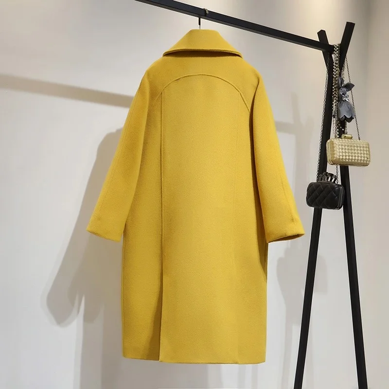 

Yellow Winter Wool Blends Overcoat Women College Style Long Sleeve Horn Button Coat Fashion Straight Lapel Pocket Long Jacket