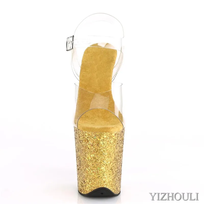 Sandália de 8 polegadas, parte superior transparente, bolsa e solas de lantejoulas douradas para festas e discotecas, modelo de salto alto de 20 cm, sapatos de dança