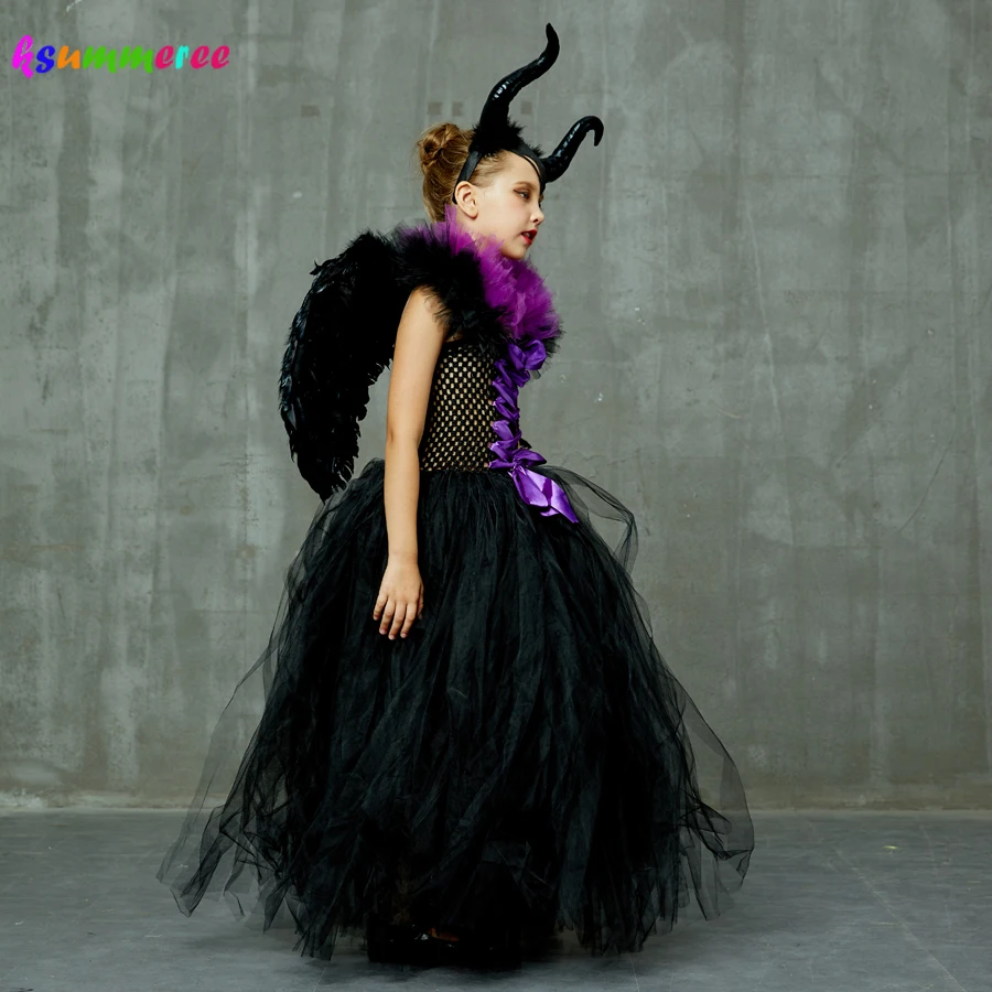 Kids Evil Queen Girls Halloween Fancy Tutu Dress Costume with Horn Wing Children Christening Dress Up Black Gown Villain Clothes