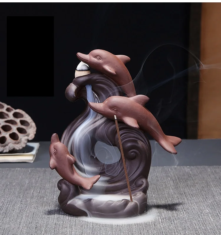 chic Backflow Incense Burner Ceramic dolphins Crafts Teahouse Ornaments Home Decor Cone Censer a0997