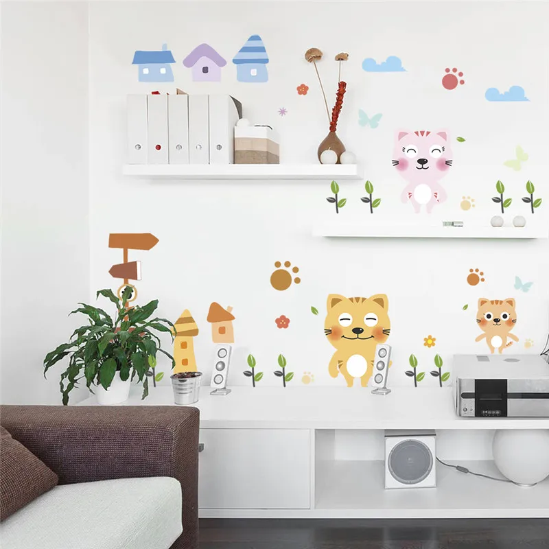 Loving Cat Wall Sticker For Kids Bedroom Decoration Cartoon Animal Mural Art Diy Home Decor Decals Peel And Stick