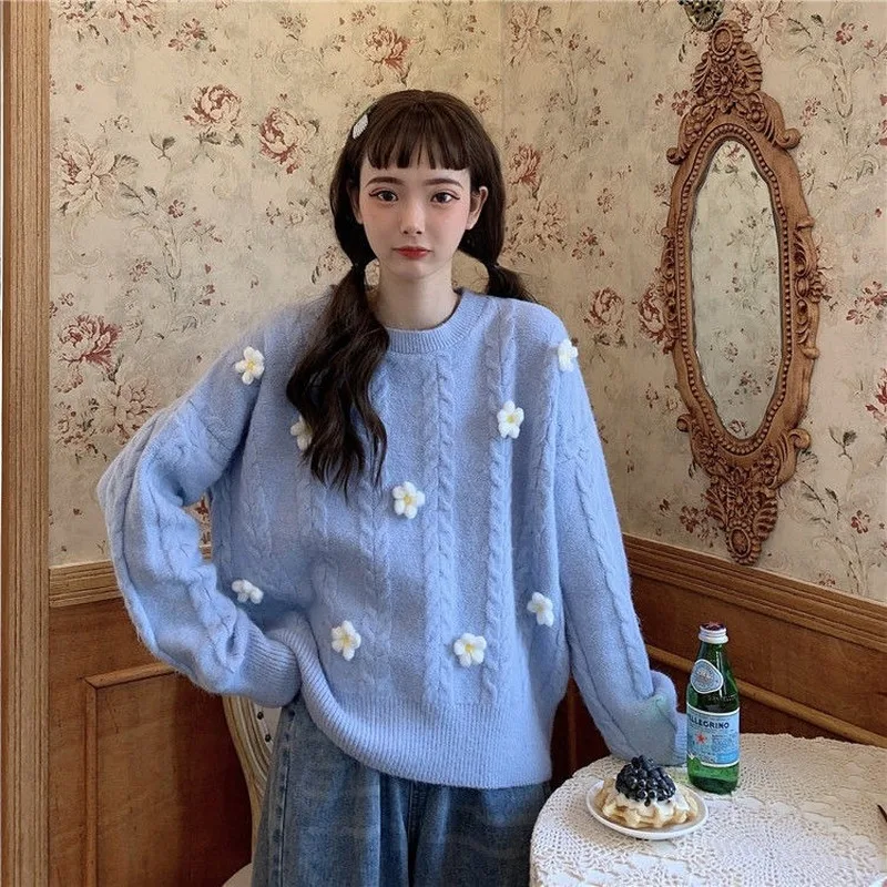 Sweaters Women Knitted Long-sleeve Flowers Sweet Lovely Oversize Girls Pullover Sweater Elegant Fashion All-match Causal Ulzzang