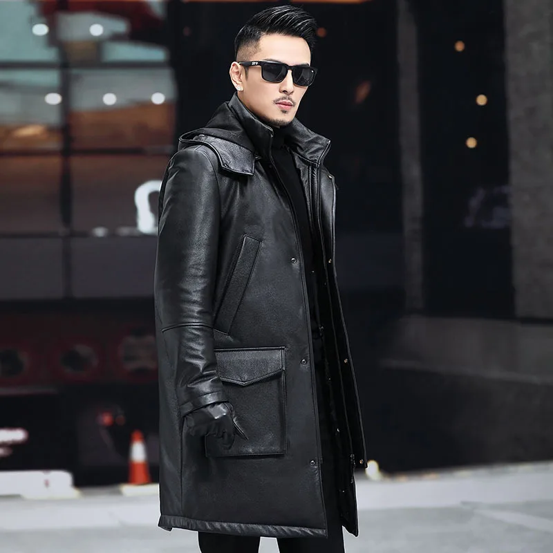 Leather Down Jackets Winter Male Casual Hooded Cowhide Down Coat Business Men Long Thick Warm Large Size Outerwear