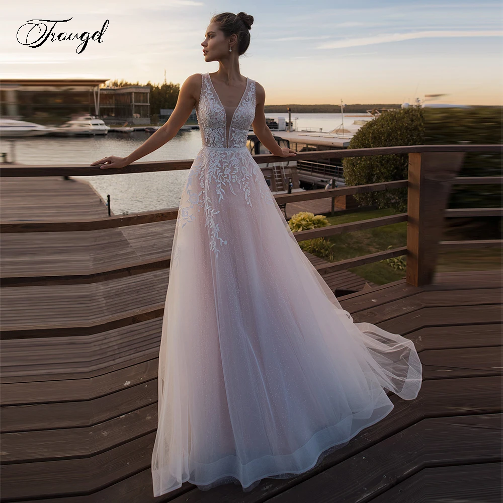 

Traugel V-Neck A Line Lace Wedding Dresses Applique Beading Sleeveless Backless Bride Dress Chapel Train Bridal Gown