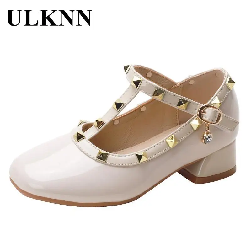 Princess Girls High Heels 2025 Children Leather Shoes Kid's New Fund Rivet Shoes Girl Soft-soled Shoes During Stage Shoes