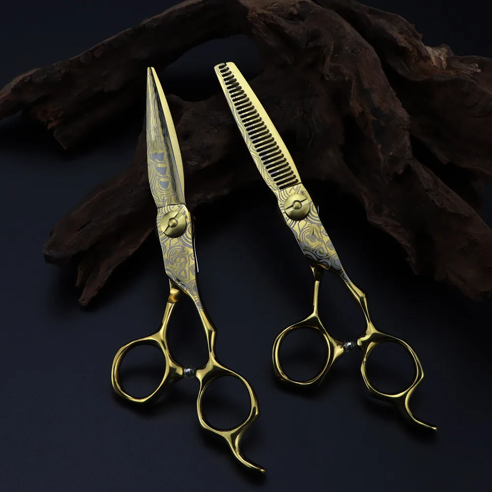 Professional 6 '' Gold cut scissor Damascus hair scissors haircut thinning barber tools cutting shears Hairdresser scissors