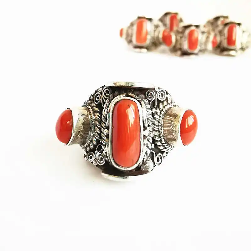 Nepal Hand 925 Sterling Silver Inlaid Bamboo Coral Lovely Rings for Girls Vintage Jewelry T9047