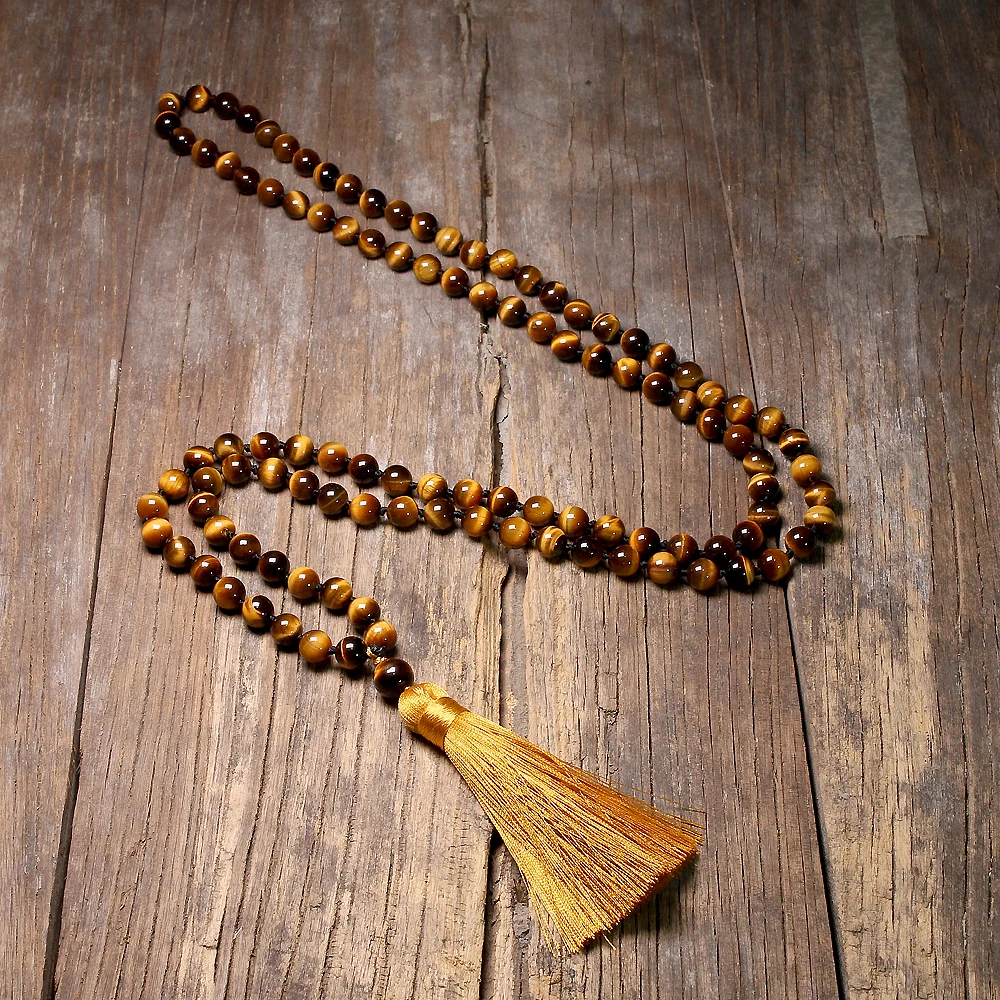 5A Golden Tassel Japamala For Men And Women 8mm Tiger Eye Stone 108 Beads Mala Knotted Necklace Meditation Yoga Zen Jewelry