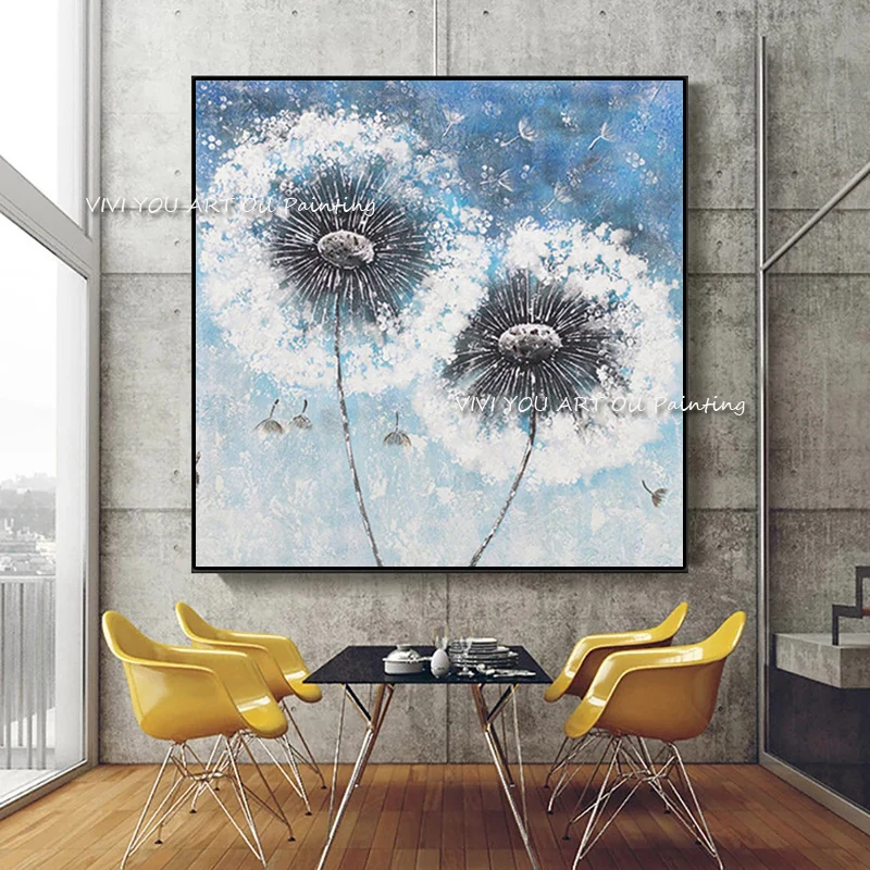 

100% Handmade Wild Dandelion Flowers Oil Painting On Canvas Modern Wall Art White Picture Living Room Bedroom Home Decoration