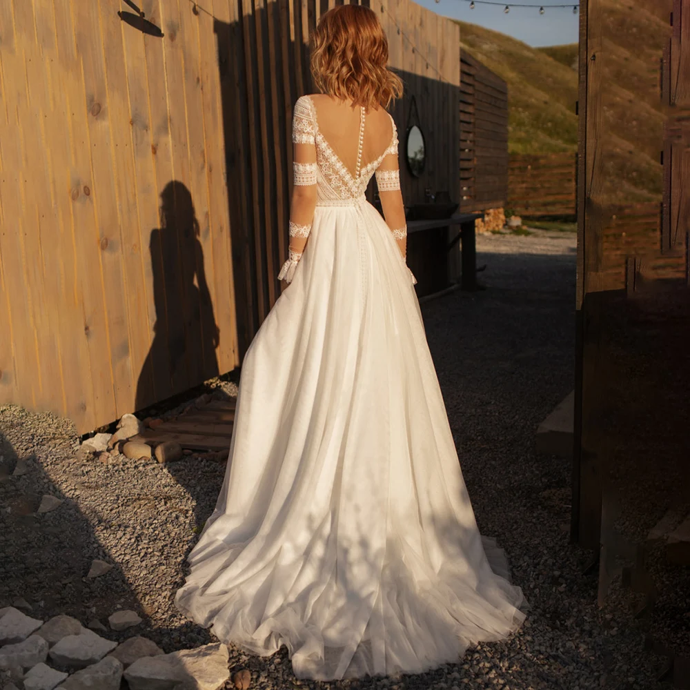 Robe de mariée en dentelle rustique, manches longues, ligne A, dos transparent, perles, personnalisé, Floral, fente haute, Tulle, robe de plage