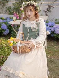 Spring Girl Sweet Large Size 4xl Set Op+Vest Lolita Lace Ruffle Puff Sleeve Kawaii Woman Embroidery Vestidos Cosplay Lolita