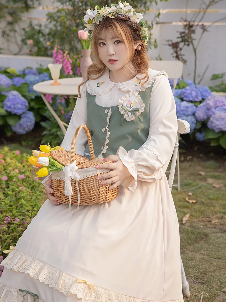 Spring Girl Sweet Large Size 4xl Set Op+Vest Lolita Lace Ruffle Puff Sleeve Kawaii Woman Embroidery Vestidos Cosplay Lolita