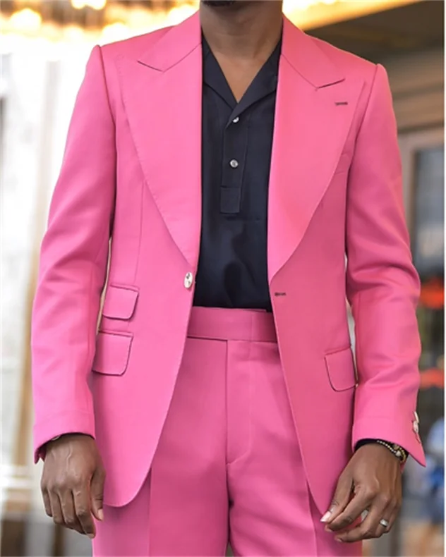 Hot Pink Wedding Tuxedos Fashion Slim Fit Heren Pakken Bruidegom Wear Voor Wedding Party Formele Prom Blazer (Jas + broek)