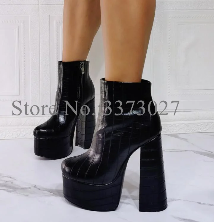 

New Woman Ankle Boots Sexy Black Snakeskin Leather Chunky Heel Platform Boots Fashion Female Large Size Banquet Shoes Dropship