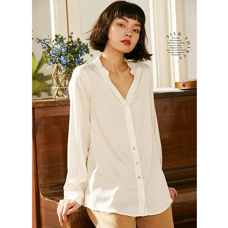 

100% Silk Blouse Women Shirt Casual Style Solid Design Stand Neck Long Sleeve Elegant Office Top New Fashion