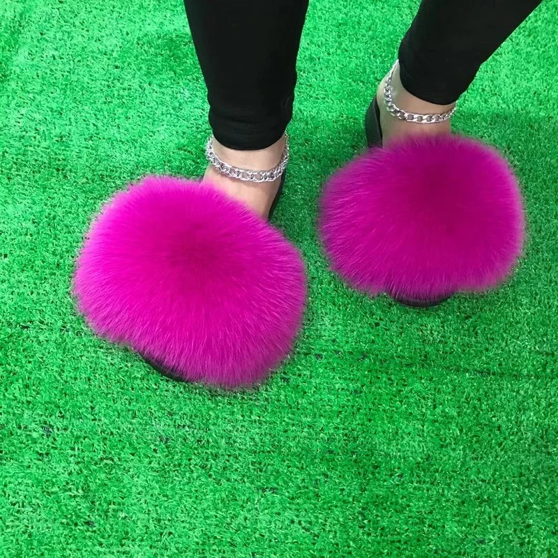 Moda soffice pelliccia diapositive donna pelliccia di volpe pantofole Open Toe pantofole scarpe sandali Furry Fuzzy peluche infradito estate vendita