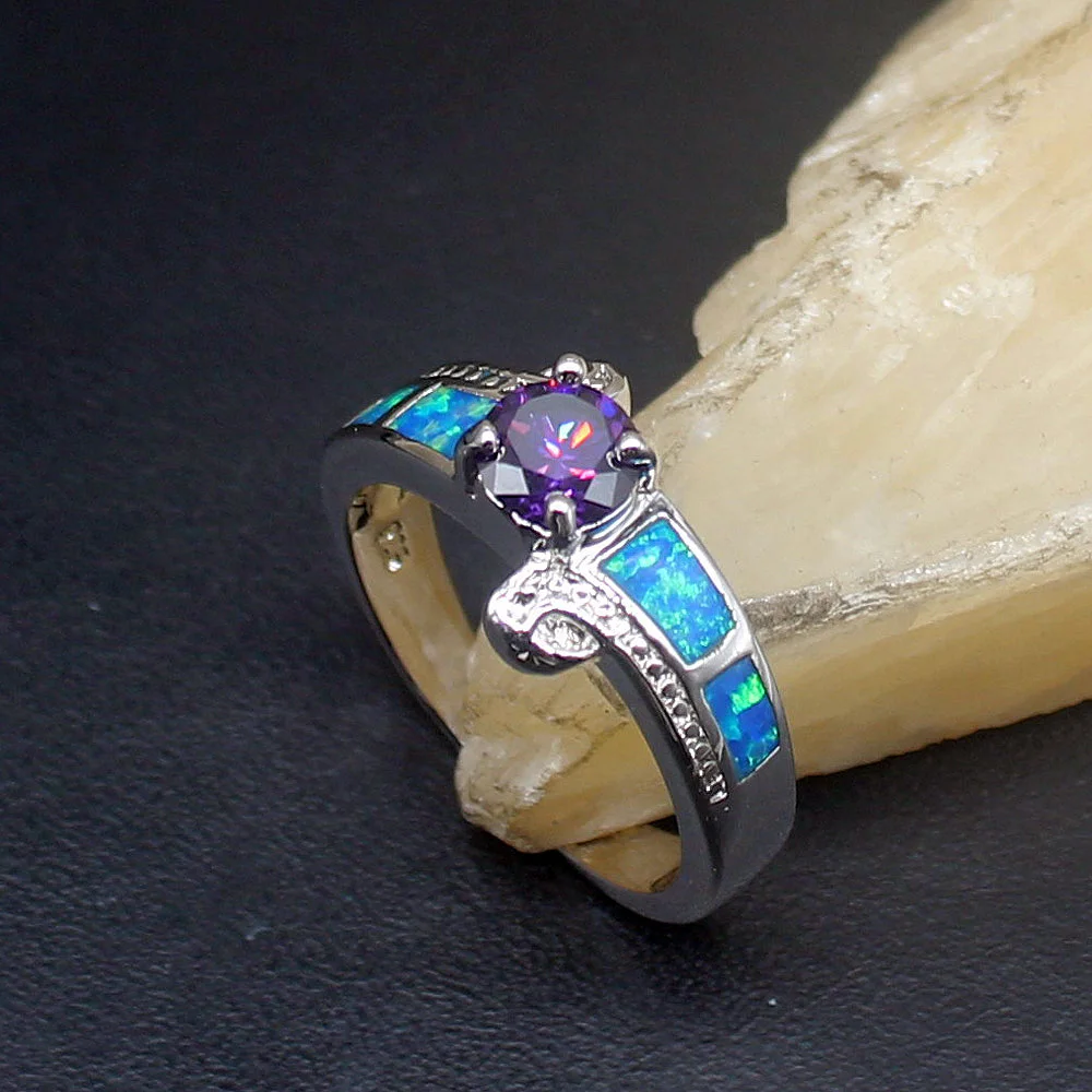 Gemstonefactory Jewelry Big Promotion Single Unique 925 Silver Blue Opal Purple Amethyst Women Gifts Band Rings 8.5# 20214462