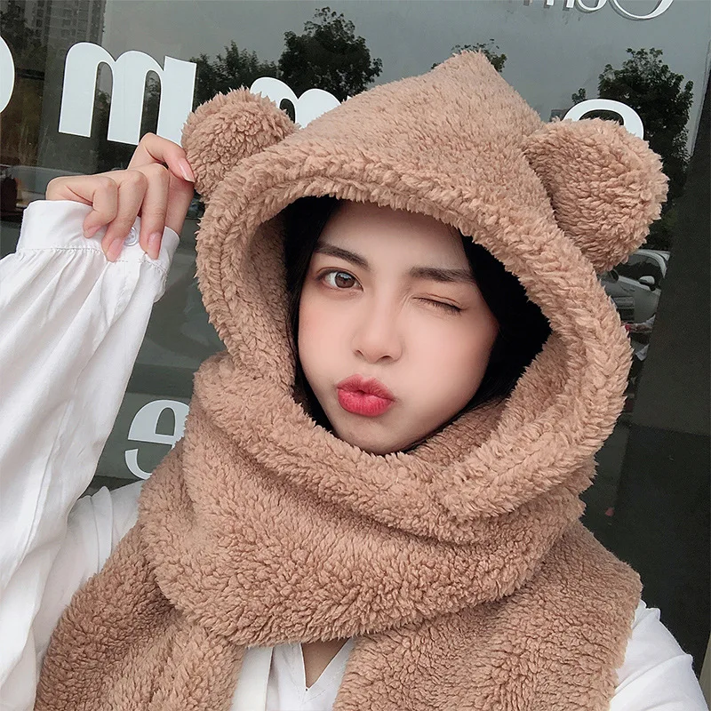 Lamb Velvet Hat Woman Winter Warm And Cold Hooded Scarf Gloves 3-in-1 Sets  Female Cute Bear Ear Protection Cotton Cap With Ears