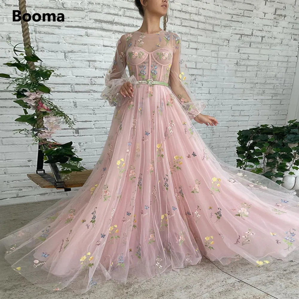 Booma Pink Embroidery Lace Maxi Prom Dresses Long Sleeves Sheer Neckline Tulle Wedding Party Dresses 2021 A-Line Formal Gowns