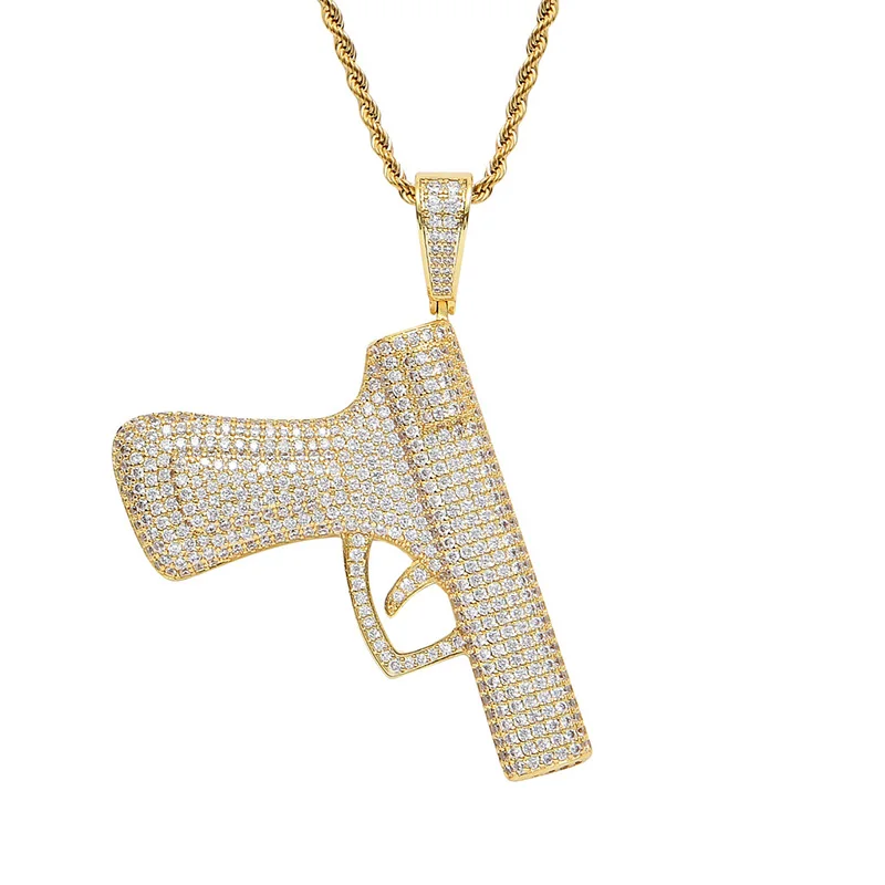 Hip Hop Claw Setting AAA CZ Stone Bling Ice Out CS GO CSGO Big Automatic Pistol Gun Pendants Necklace for Men Rapper Jewelry