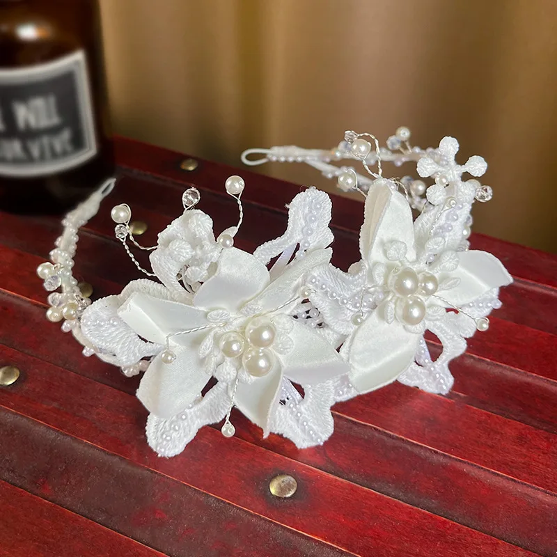 

White Flower Hair Vine Wedding Beaded Pearls Tiara Women Headband Handmade Bridal Hair Piece Accessories tocados para el pelo