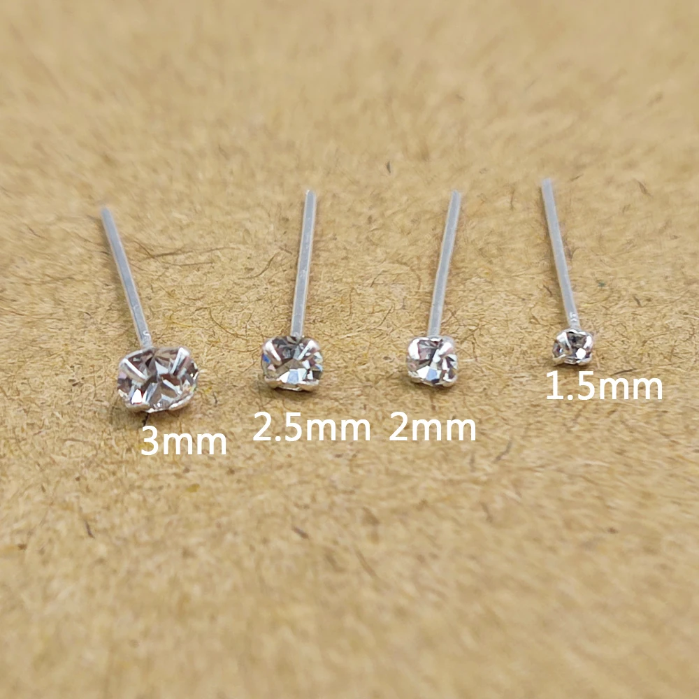 50pcs/lot Nose Pin Piercing 925 Sterling Silver 1.5mm 2mm 2.5mm 3mm Round Clear Crystal Nose Studs Rings nariz  Piercing Jewelry