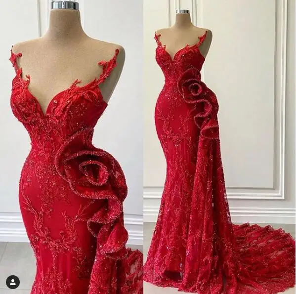 Luxury Red Lace Beaded Evening Pageant Dresses 2025 Real Image Sheer O-neck Ruffles Side Peplum Occasion Prom Dress Vestidos