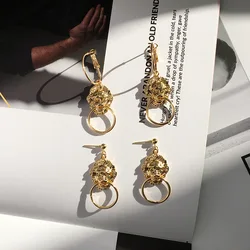 Vintage Personality Lion Head Drop Earrings for Women Exaggeration Gold Round Dangle Ear Accessory Fashion Jewelry Wholesale