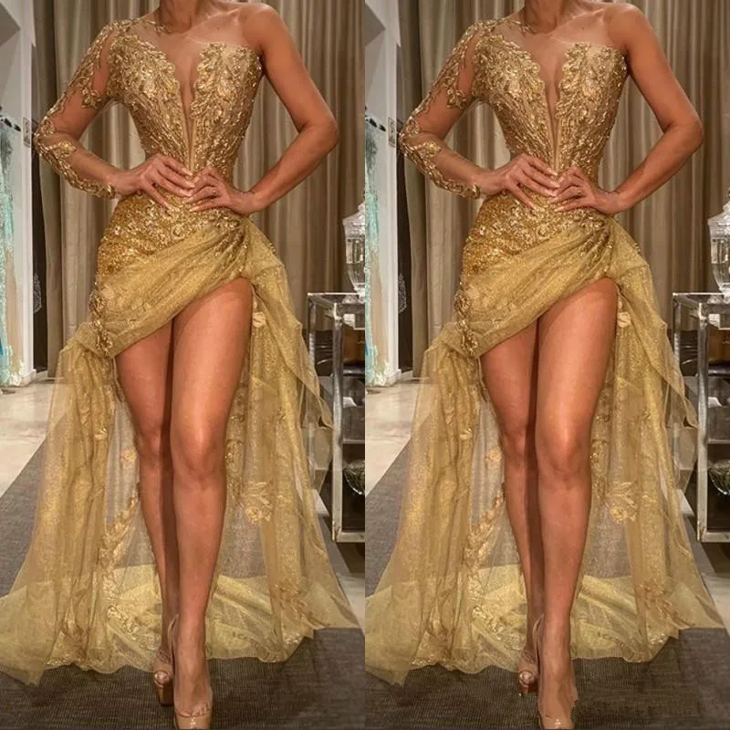 

Sexy Gold One Shoulder Prom Dresses Sequined Appliques Long Sleeves Mermaid Hi Lo Evening Dress African Party Vestido