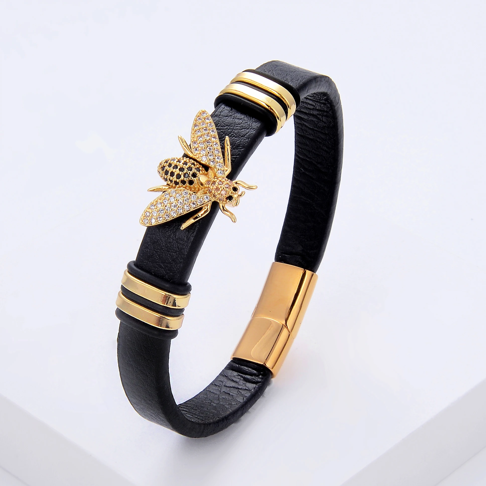 Fashion Leather Rope Chain Stainless Steel Clasp Bangle Bracelet For Women Charm Insect Cross CZ Bracelet Jewelry Friend Gift