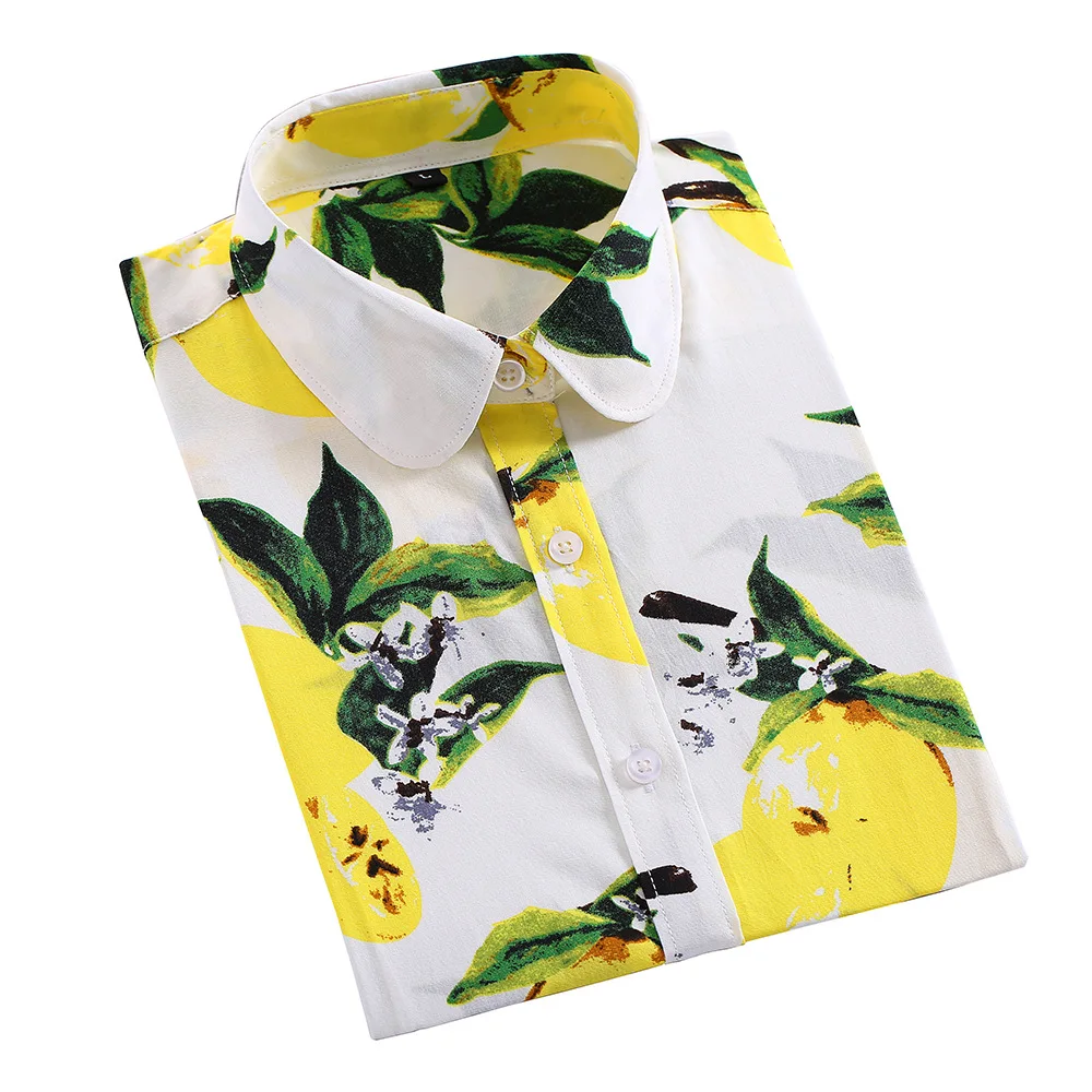 2023 Elegant Lemon Print Women Blouses Slim Fit 100% Cotton Casual Flower Floral Vintage Summer Shirt Female 5XL Tops