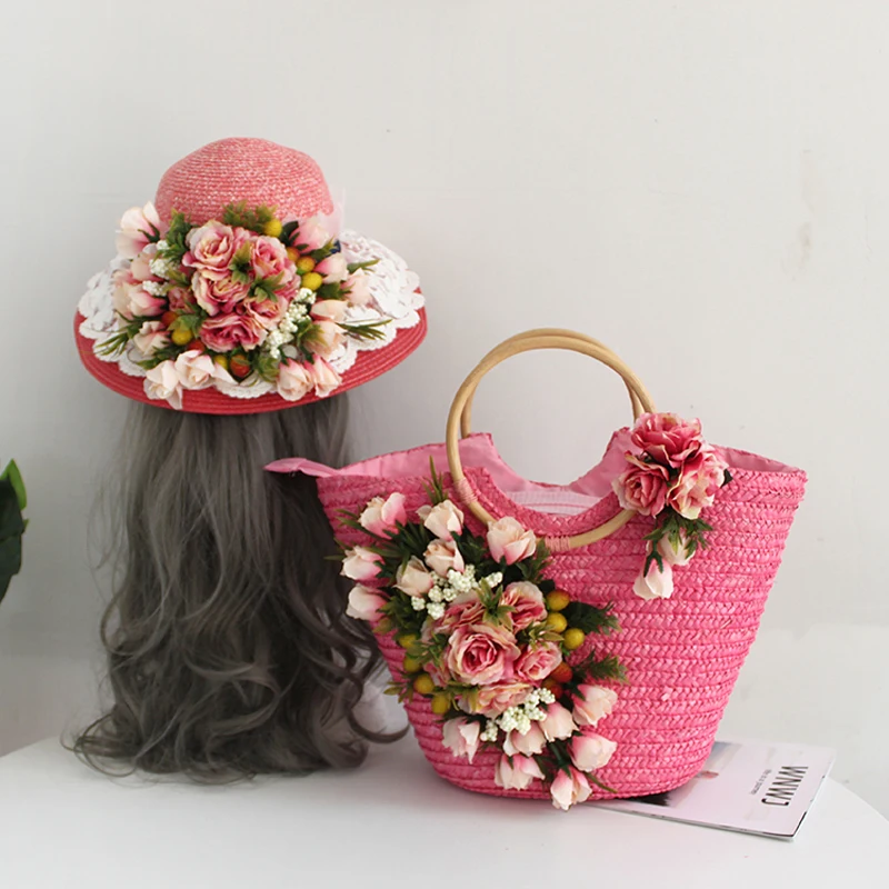 Sweet Lace and Artificial Rose Lily Flower Beach Bag Hat Suit Elegant Straw Customized Handbag for Summer Vacation Women Lady