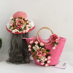 Encaje dulce y Flor de lirio Rosa Artificial, bolsa de playa, sombrero, traje elegante de paja, bolso personalizado para vacaciones de verano, mujer