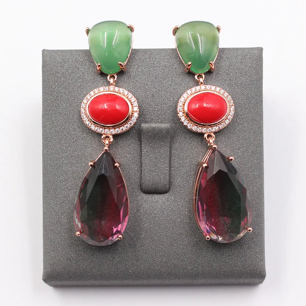

Natural Green Agate Teardrop Rainbow Crystal Stud Earrings Women Jewelry Gifts