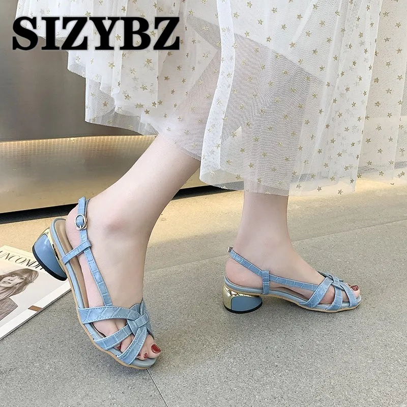 New Summer Middle Heel Sandals Women Fashion Peep Toe Leather Party Shoes Woman Comfort Casual Buckle Strap Square Heel Sandals