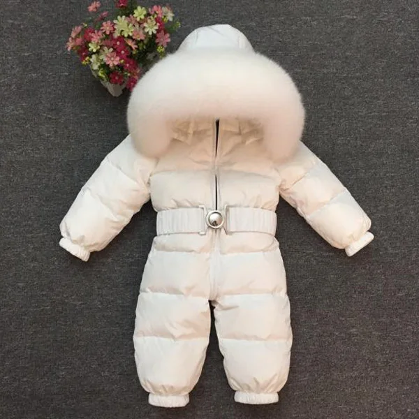 

Winter Kids Girls Boys Snowsuit Jumpsuit Baby White Duck Down Jackets Real Big fox Fur Hooded Rompers 0-4T