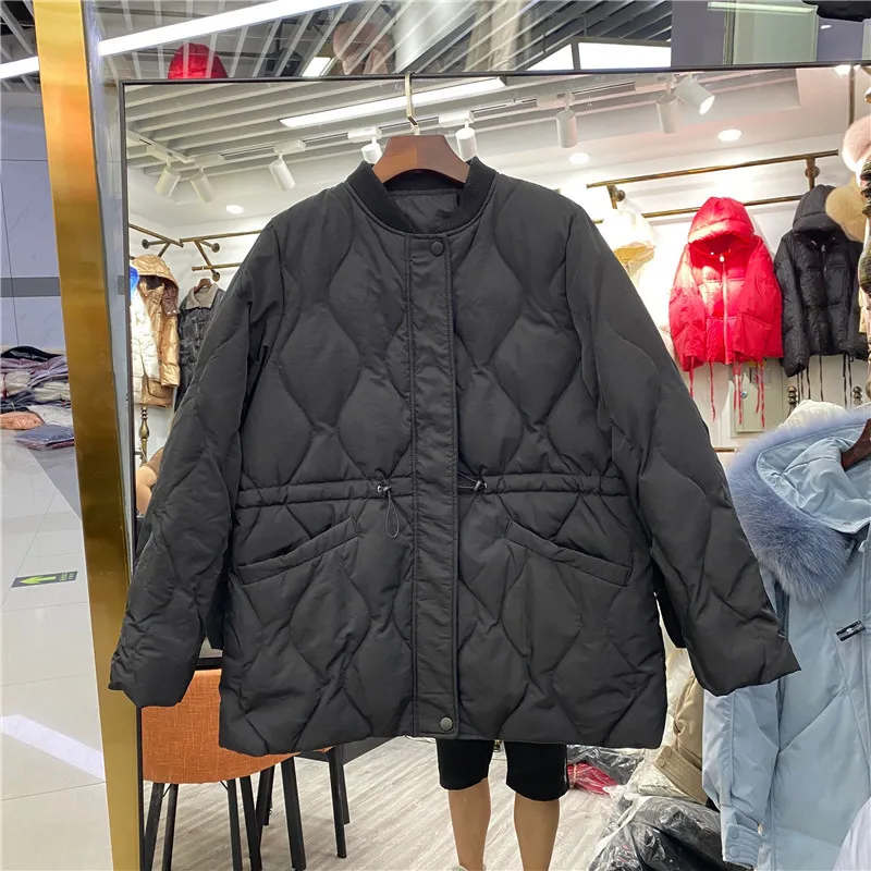 2021 New Winter Fashion White Duck Down Jacket Women's Mediumn Solid Color O Neck Wasit Thick All Match BaseBall Uniform Jacket