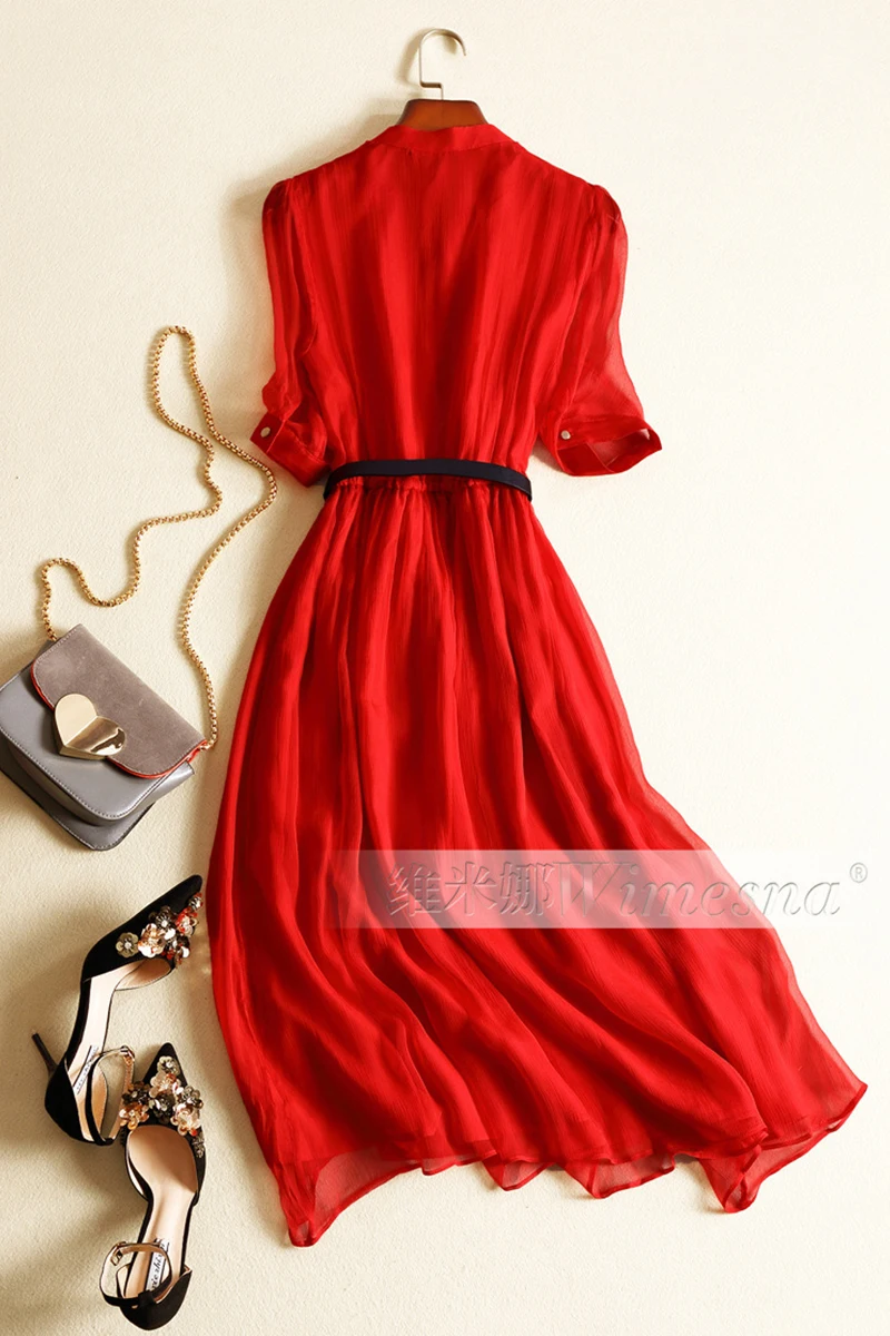 Vestido Maxi Elegante de Seda Real Feminina com Cinto, Vestidos Femininos, Roupa de Escritório, Vintage, Vermelho, Verão, 100%, 2023