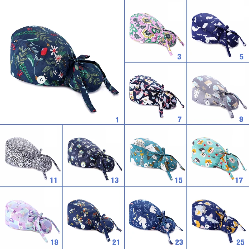 Caps de Cabelo Longo Feminino, Elástico, Ajustável, Estampado Salão de Beleza, Pet Work Hat, Absorvente de Suor, Serviço de Saúde, Enfermeira